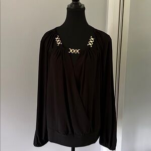 AUW Black Long Sleeve Blouse with Gold Chain Detail